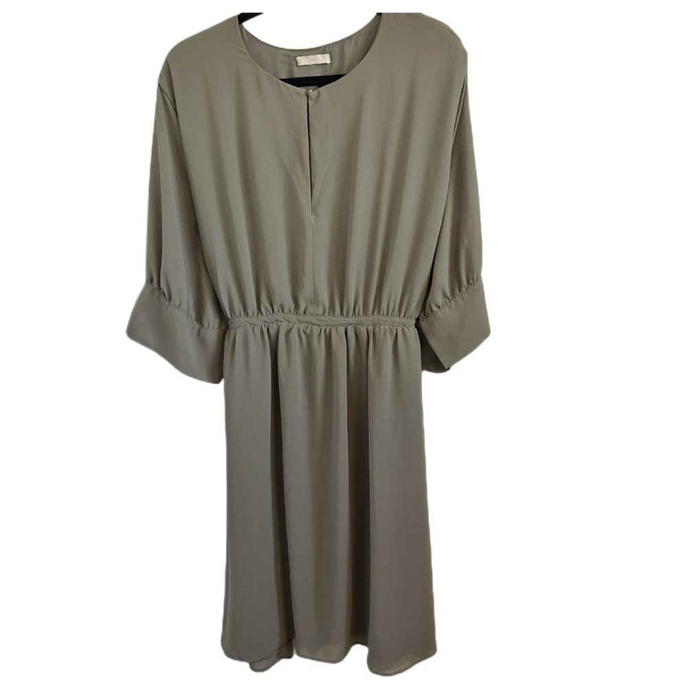 H&M 3/4 Sleeve Tie Waist Lined Midi Dress Olive Green Minimalist Classic Size XL